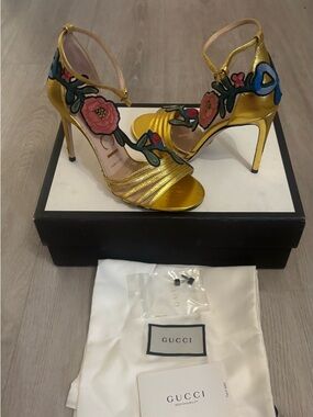 Gucci Gold Floral Embroidered Ankle-Strap Heels